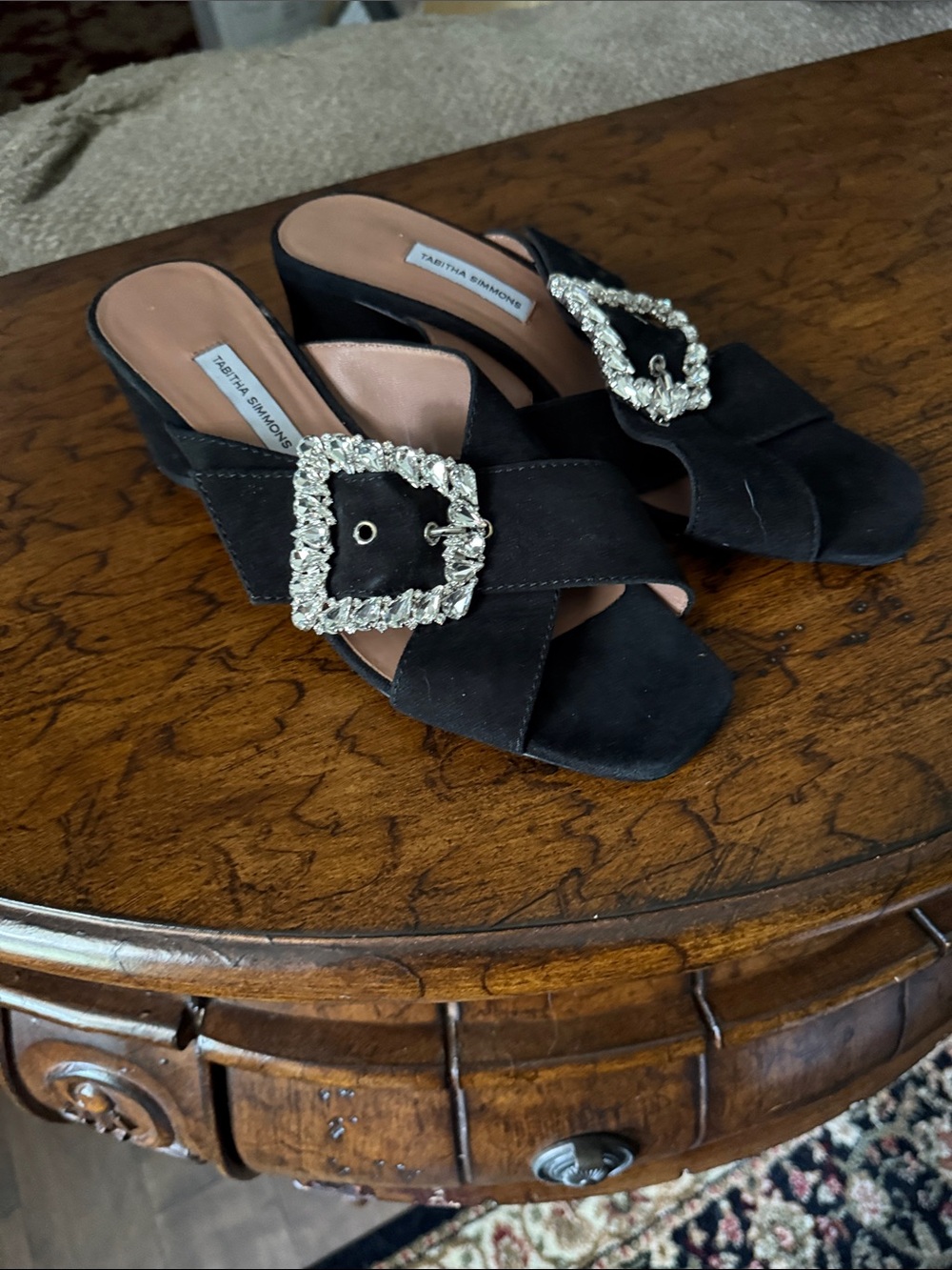 Tabitha Simmons Black Suede Crystal-Buckle Slide Sandals